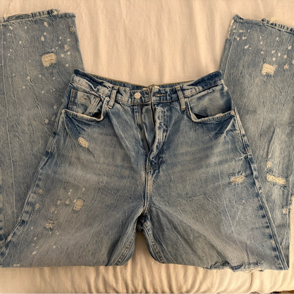 We The Free Blue Distressed Flare Jeans